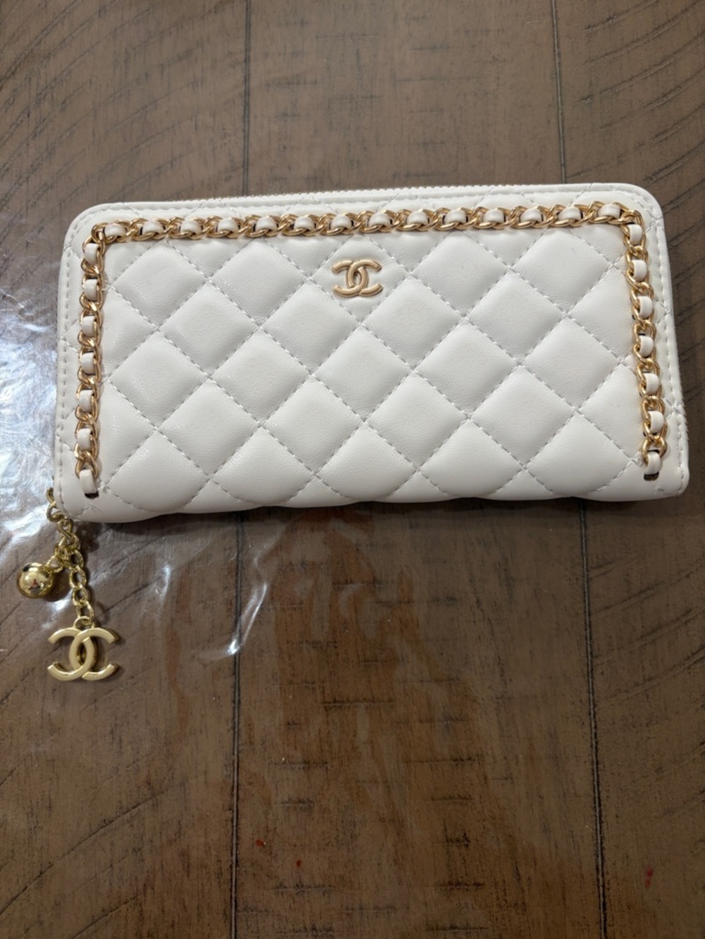 Designer inspired Cream Quilted Zip Wallet with Gold Chain and Charm